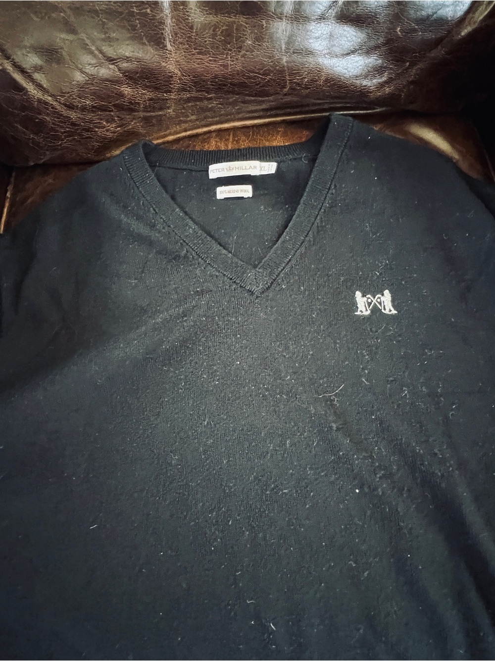 Peter Millar Men's Black V-Neck Wool Pullover with Logo